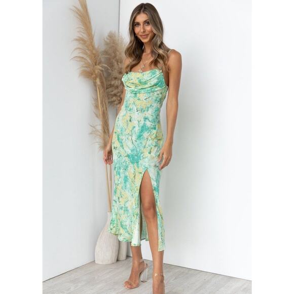 New Saint+Secrets Ruched Draped Cowl Bust Slit Side Cocktail Blue Midi Dress M - Picture 13 of 13